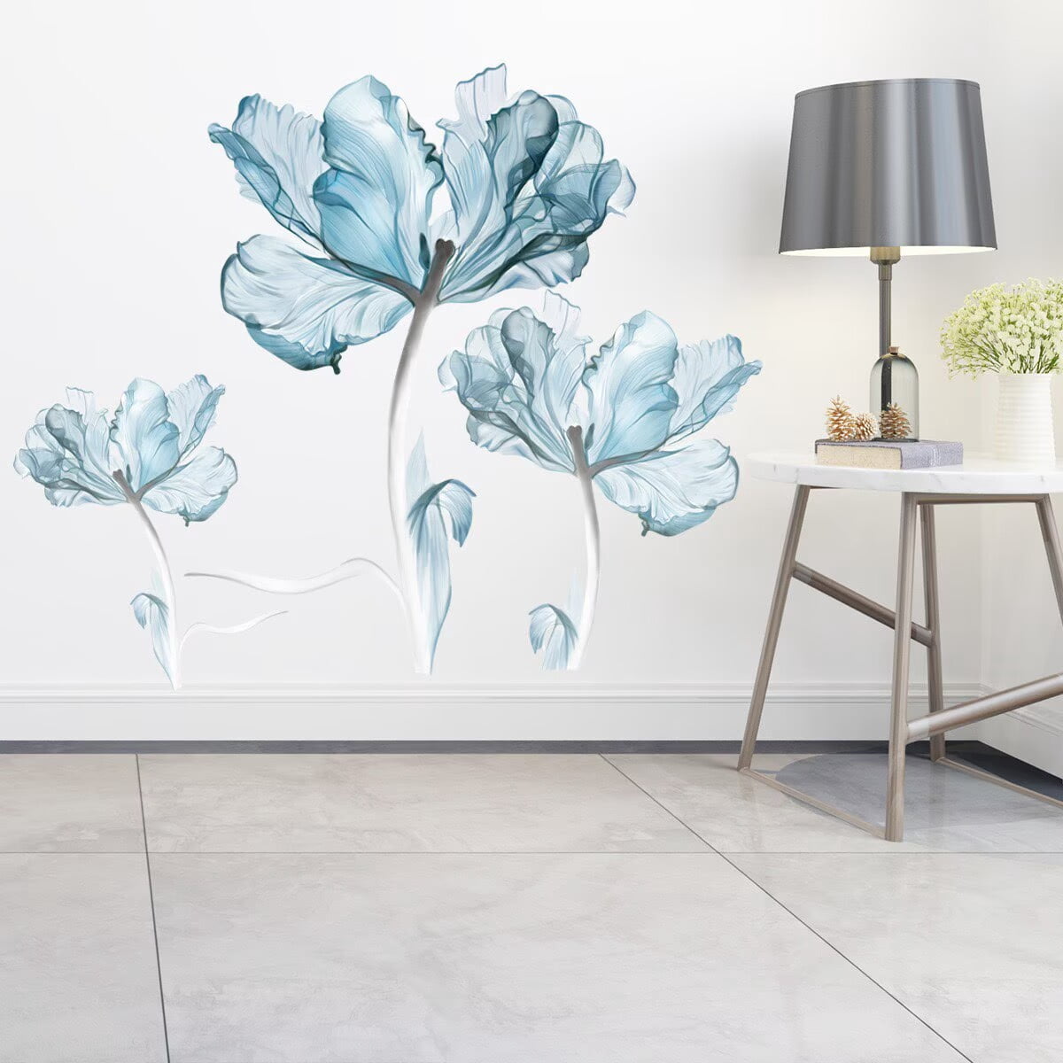 Large Blue Flower Wall Decals Poppy Floral Wall Art Stickers for Girls Bedroom Living Room Bathroom Office TV Background Decor