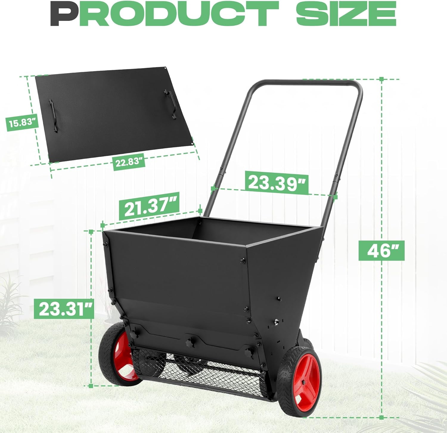 Kojem Compost Spreader W/Handle, 4 Wheels, Adjustable Rate Suitable for Lawn, Farm, Landscraping, Lawn Drop Spreader, Topdresser Push Garden Seeder Garden Tool Cart for Fertilizer, Grass, Seed