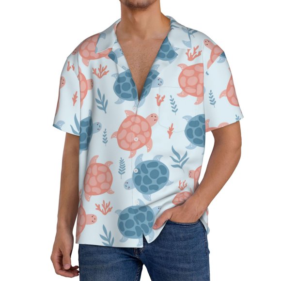 Lsque Sea Turtle print Men's Cuban Collar Short Sleeve Shirt Summer Beachwear Casual Button Down Fashionable Vacation Leisure Shirt-X-Large