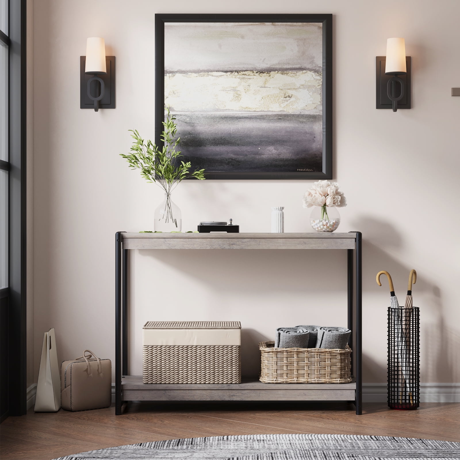 EastVita Rustic Farmhouse Table, 40" Entryway Table with Storage, Slatted Style 2-Tier Sofa Table with Shelf, Rustic Console Tables