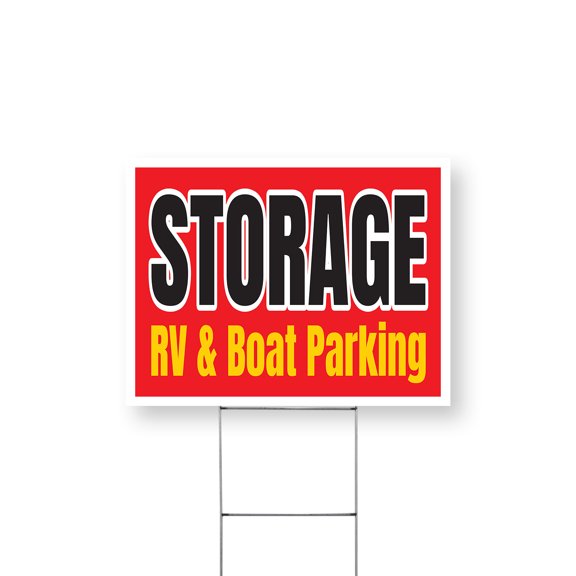 Storage RV & Boat Parking Yard Sign 12 Inch x 16 Inch Single Sided Weatherproof Heavy-Duty Plastic with Stake | Secure Storage, Reliable Facilities, Affordable Options | Made in USA