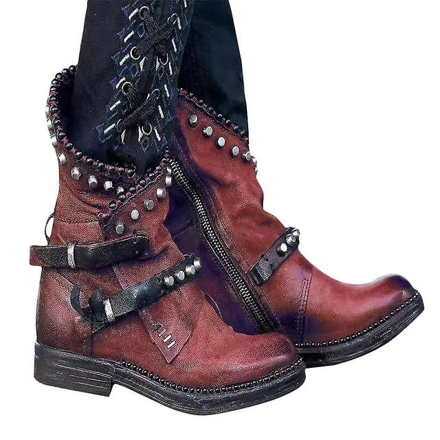 Botas de media pantorrilla con tachuelas punk para mujer, botines de combate de motociclista, zapatos de tacón plano