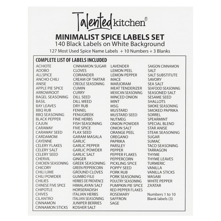Talented Kitchen 134 Preprinted Minimalist Spice Labels, Bold All Caps  White Seasoning Labels for Spice Rack, Kitchen Cabinet and Pantry  Organization