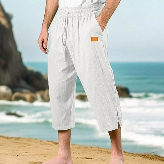 lmcalzta Mens Capri Pants Cotton Linen Drawstring Elastic Waist Summer Beach Athletic Pants Comfy Lounge Trousers(S-3XL)