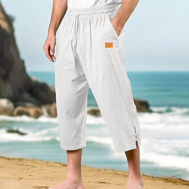Ceisia Men's Gift Relaxed Three-quarter Cotton Linen Pants Breathable Elastic Waist Frog Button Multi-Color