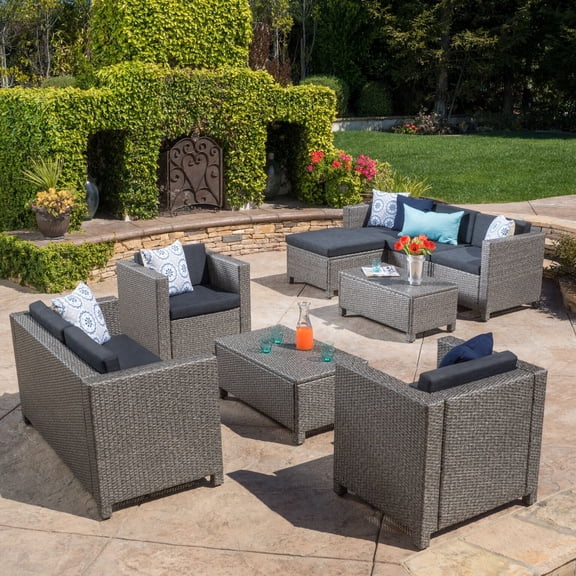 Cascada 9 Piece Outdoor Wicker Chat Set with Cushions, Mixed Black and Dark Gray