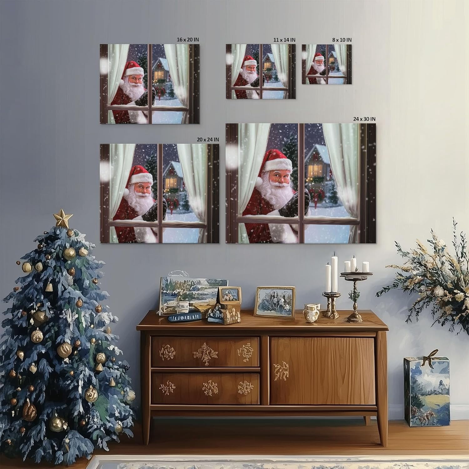 Christmas Santa Claus Peeking Through Window Canvas wall art decor, Cozy Winter Holiday Wall Art for Living Room, Bedroom or Office, Unique Christmas Gift for Family and Friends 16X20inch