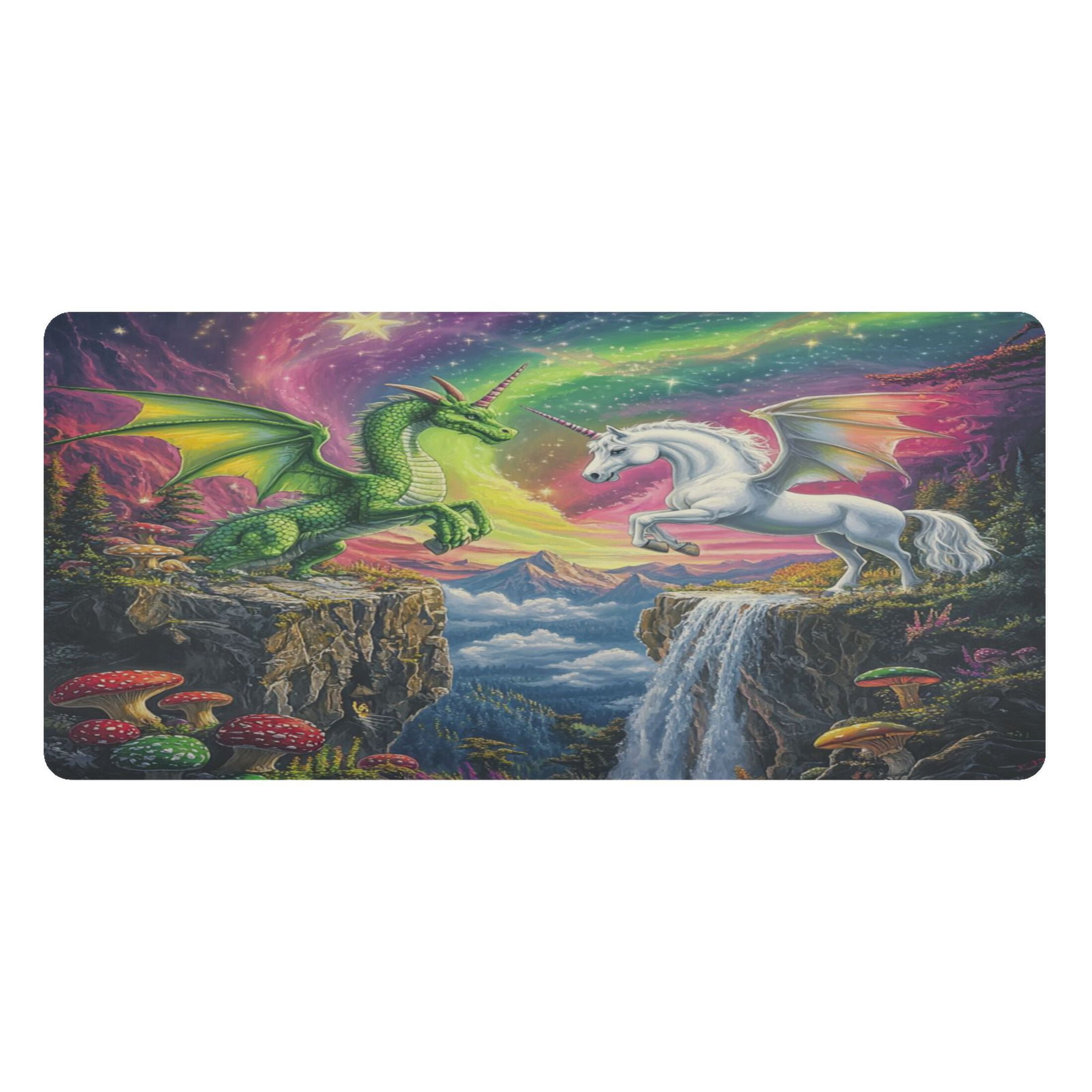 Leather Keyboard and Mouse Desk Mat Office Desk Accessories Protective Office Desk Decor Desk Pad Mat for Gaming, Work from Home, Office Green Dragon and White Unicorn 16.5" x 35.4"
