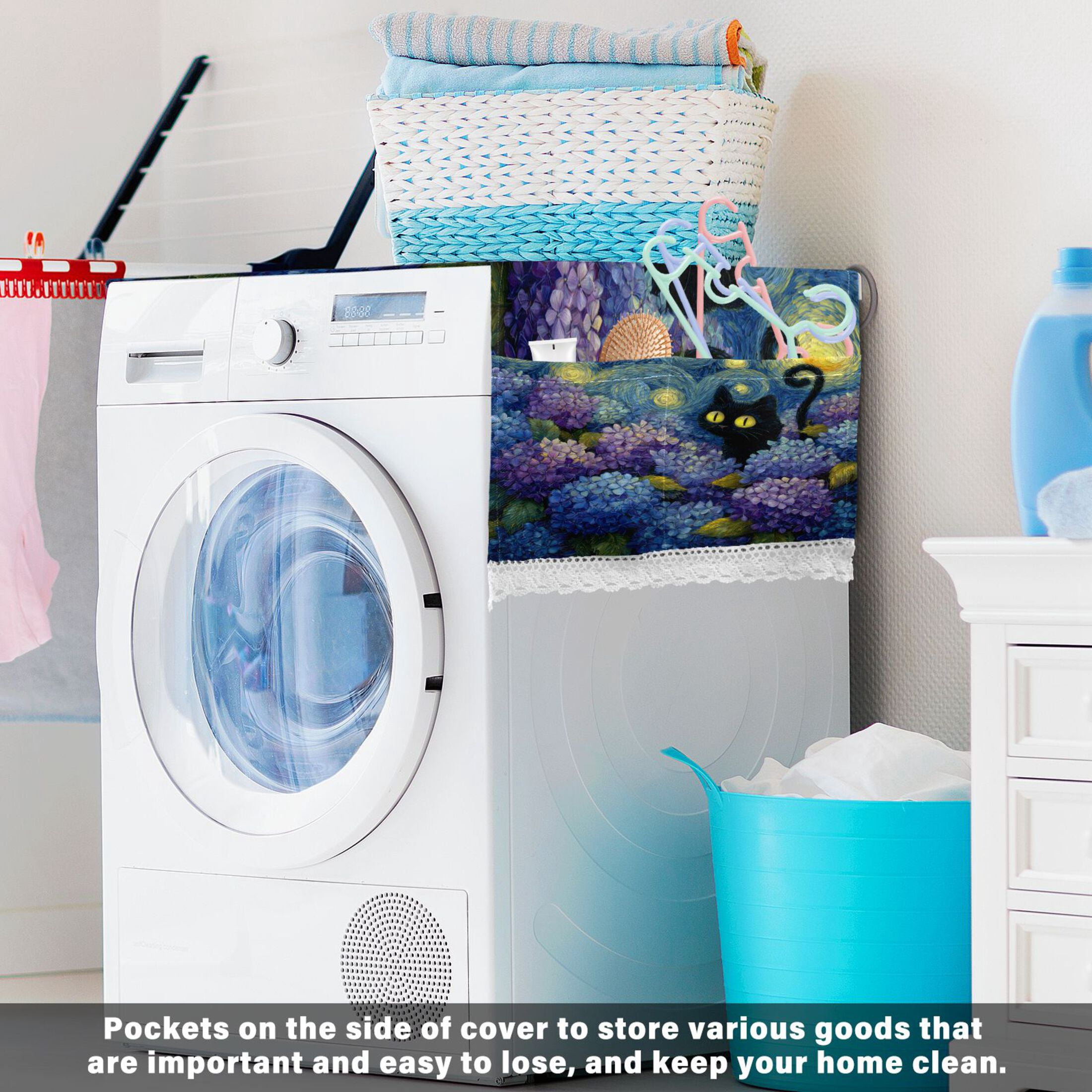 Wobogo Starry Hydrangea Cat Washing Machine Cover Dustproof Washer Dryer Cover Waterproof Laundry Room Decorative Protector
