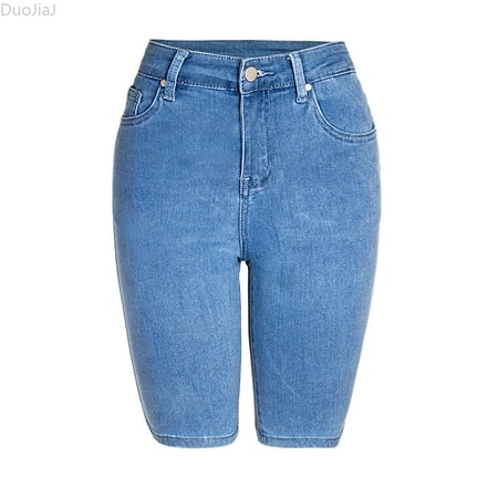 DuoJiaJ Women s Summer Stretch Light Denim Mid Length Solid ColorCasual Quarter Jeans Women Jean Shorts Blue M