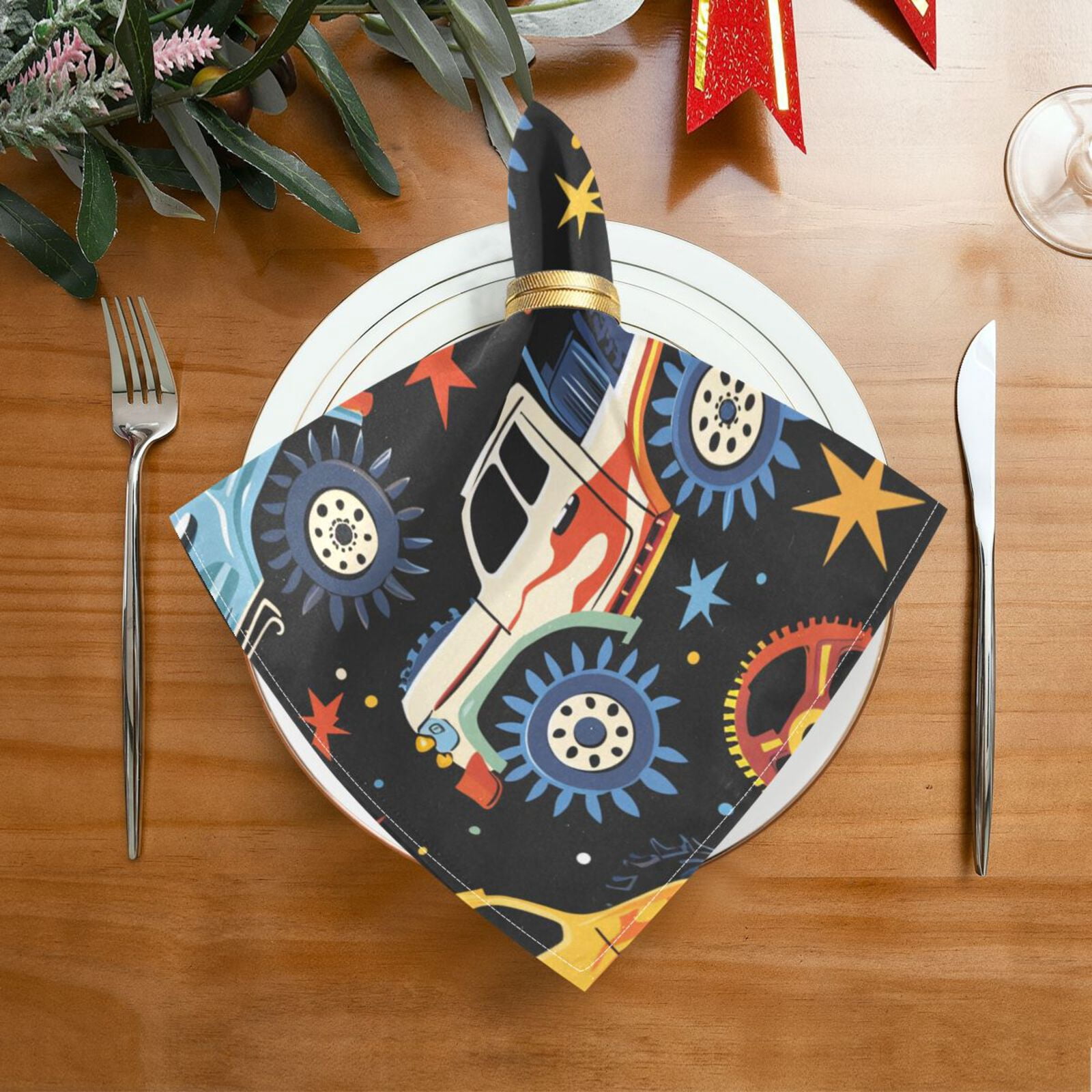 JSTEL Monster Truck Stars Cloth Napkins Set of 6, 20x20 Inch Washable and Reusable Napkin for Decoupage Dinner Party Everyday Use
