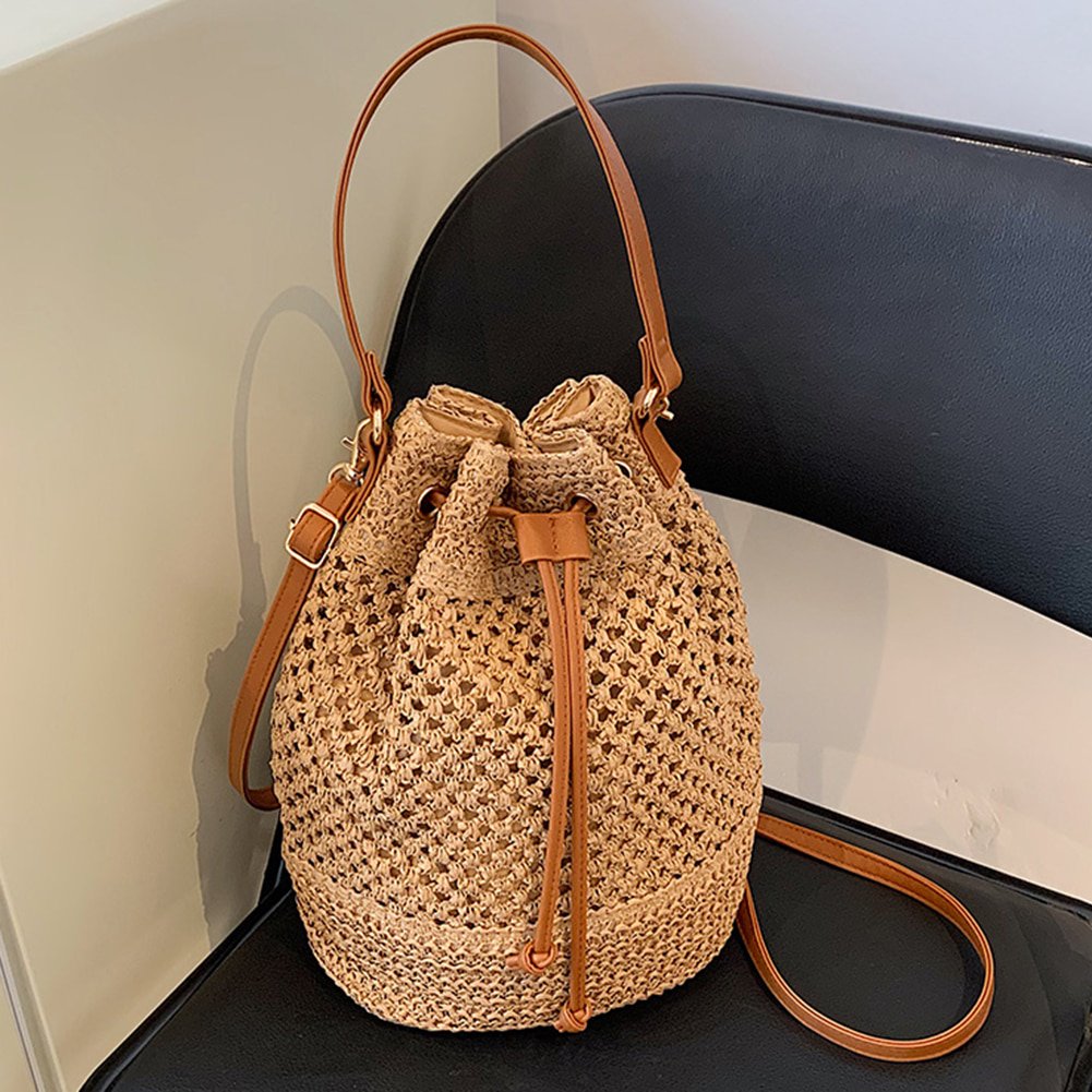 Sac Seau Bandoulière En Paille Tressé Beige Et Noir - Moyen - Fourre-Tout Femme - Neuf