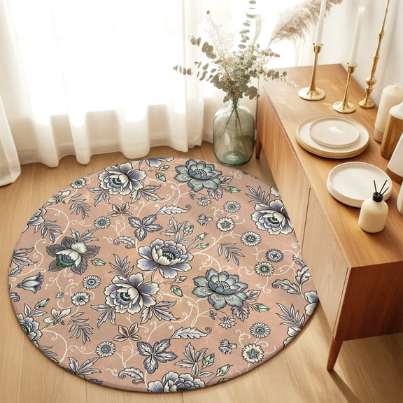 Round Rugs 3Ft, Damask Florals Round Area Rug Washable Indoor Throw Carpet, Vintage Vines Daisy Leaves Plants Rustic Small Non Slip Circle Rug for Bedroom Living Room Home Decor Aesthetic