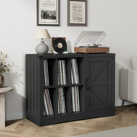 Huisuilinss Record Player Stand With Vinyl Storage,Farmhouse Turntable Stand With Door,Record Player Table,Wood Storage Cabinet,Vinyl Display Holder Up To 750 Albums For Living Room