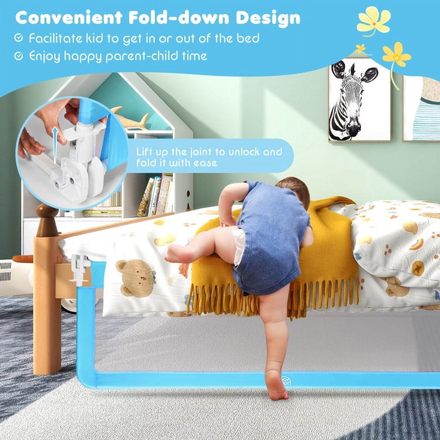 YYAo Bed Guard Rails,Bed Fence,Bed Gate for Baby,59 Inch Folding Breathable Baby Bed Rail Guard with Safety Strap-Blue