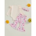 thumbnail image 6 of Baby Toddler Girl Halloween Outfits 0 3 6 12 18 Months Letter Print Long Sleeve Romper with Pumpkin/Ghost Pattern Flare Pants and Headband, 6 of 9