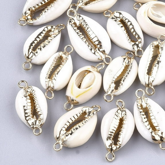 50pc Electroplate Cowrie Shell Links connectors with Iron Findings Golden 21~27x10~14x6mm Hole: 1.5mm