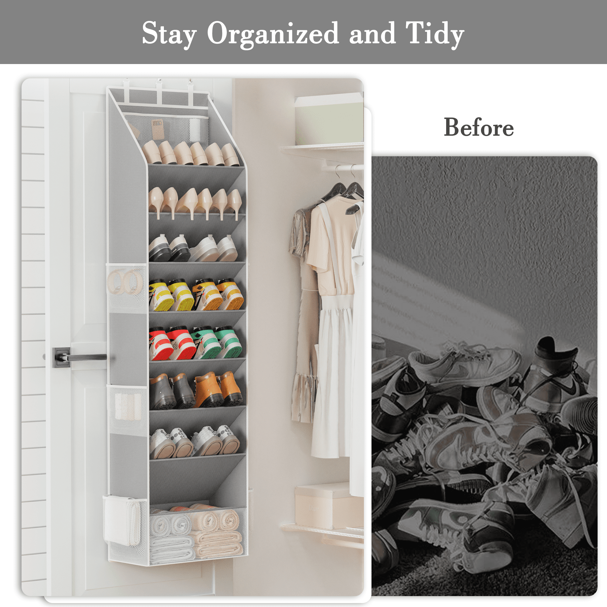 Criusia Over the Door Shoe Organizer, Hanging Shoe Storage with Deep Pockets ,Ideal for Sneakers, Heels, Boots, Fits 16-24 Pairs of Shoes, Gray