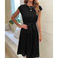thumbnail image 4 of Women's 2024 Summer Dresses Casual Solid Color Classic Short Sleeve Dress Crew Neck Smocked High Waist Tiered Boho Beach Vacation Sundress (Black,Large), 4 of 6