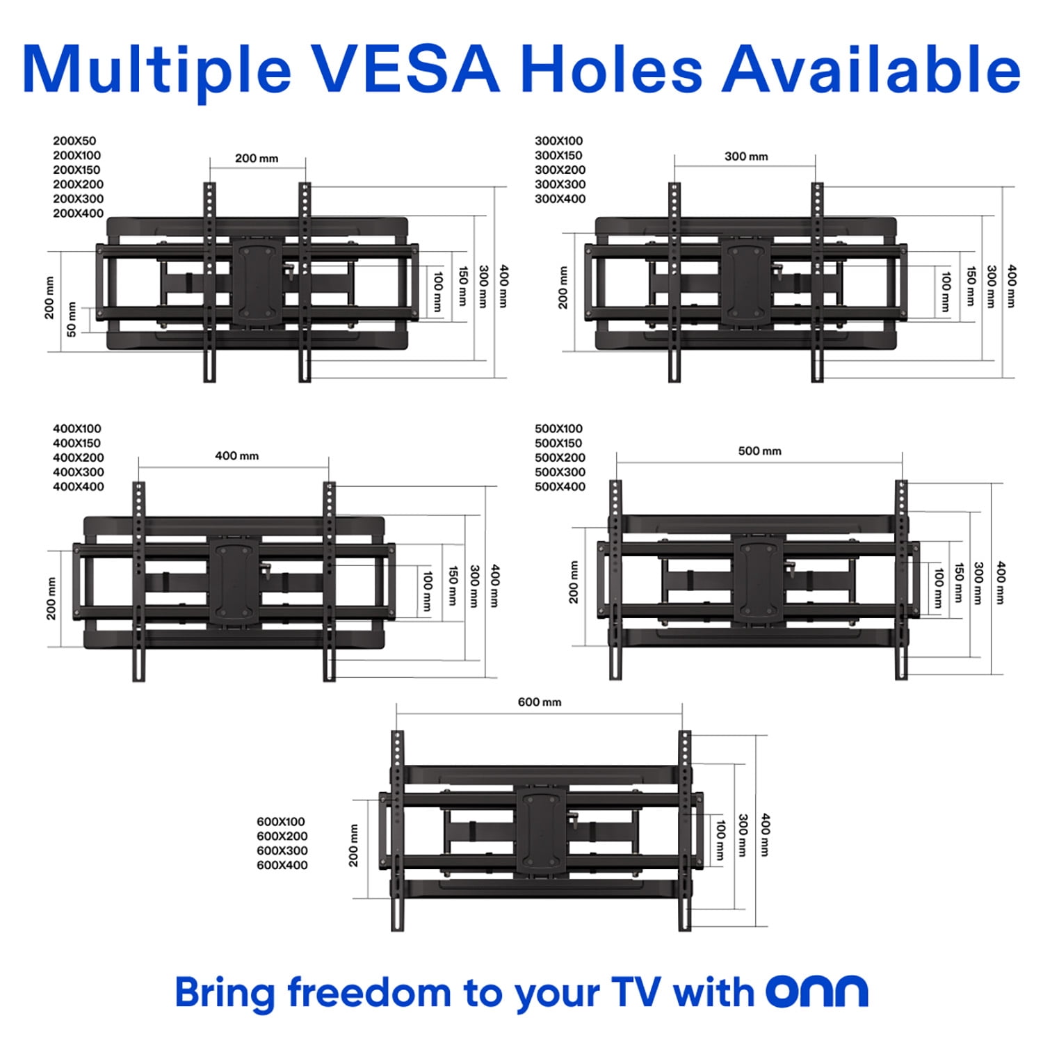 onn Full Motion TV Wall Mount for 50" to 86" TVs, UL Listed, swivel ±45°, up to +15/-15°Tilting