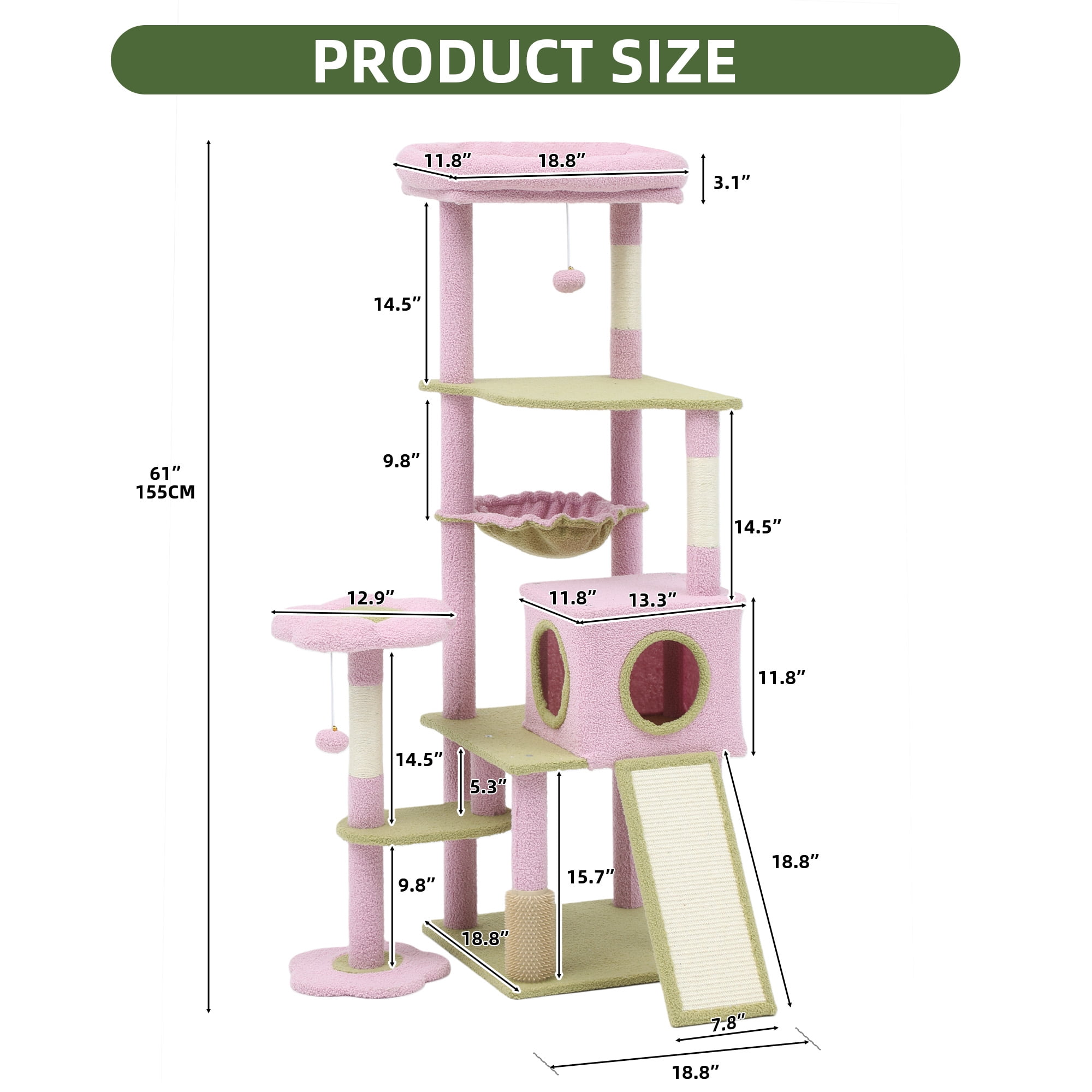 Uforic 61" Flower Cat Tree,Cat Tree Cute with Scratching Posts Tower with 3 Sisal Scratching Posts & Hammock for Medium Indoor Cats, Pink