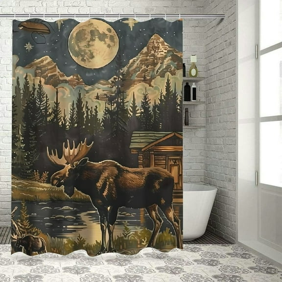 Pratyus Moose Woods Cabin Printed 100% Polyester Fiber Washable Shower Curtain Set with Hooks 36x72