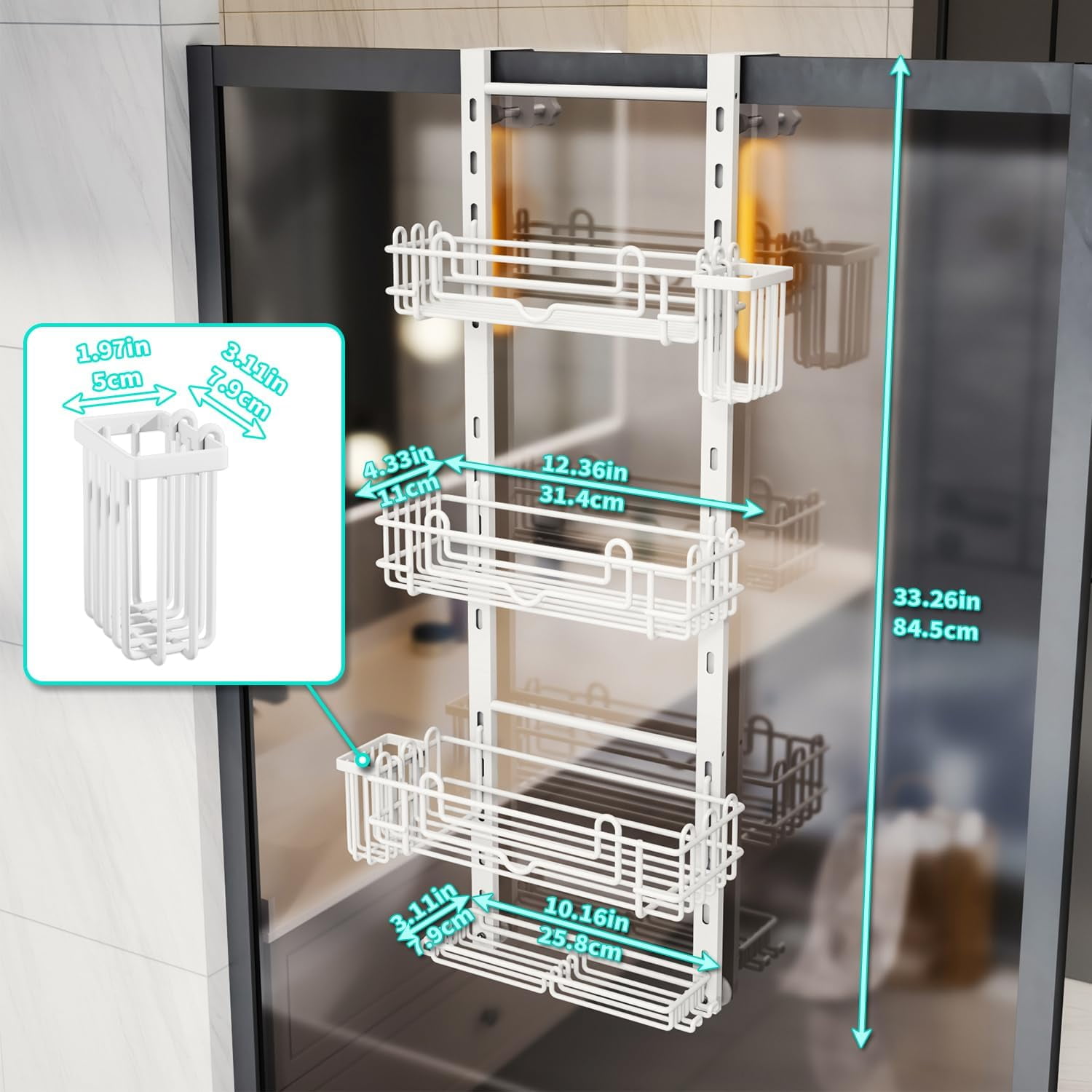 4 Tier Over the Door Shower Caddy, Hanging Shower Caddy with 22 Hooks and 2 Toothbrush Holders, No Drilling Adjustable Hanging Bathroom Organizer - White