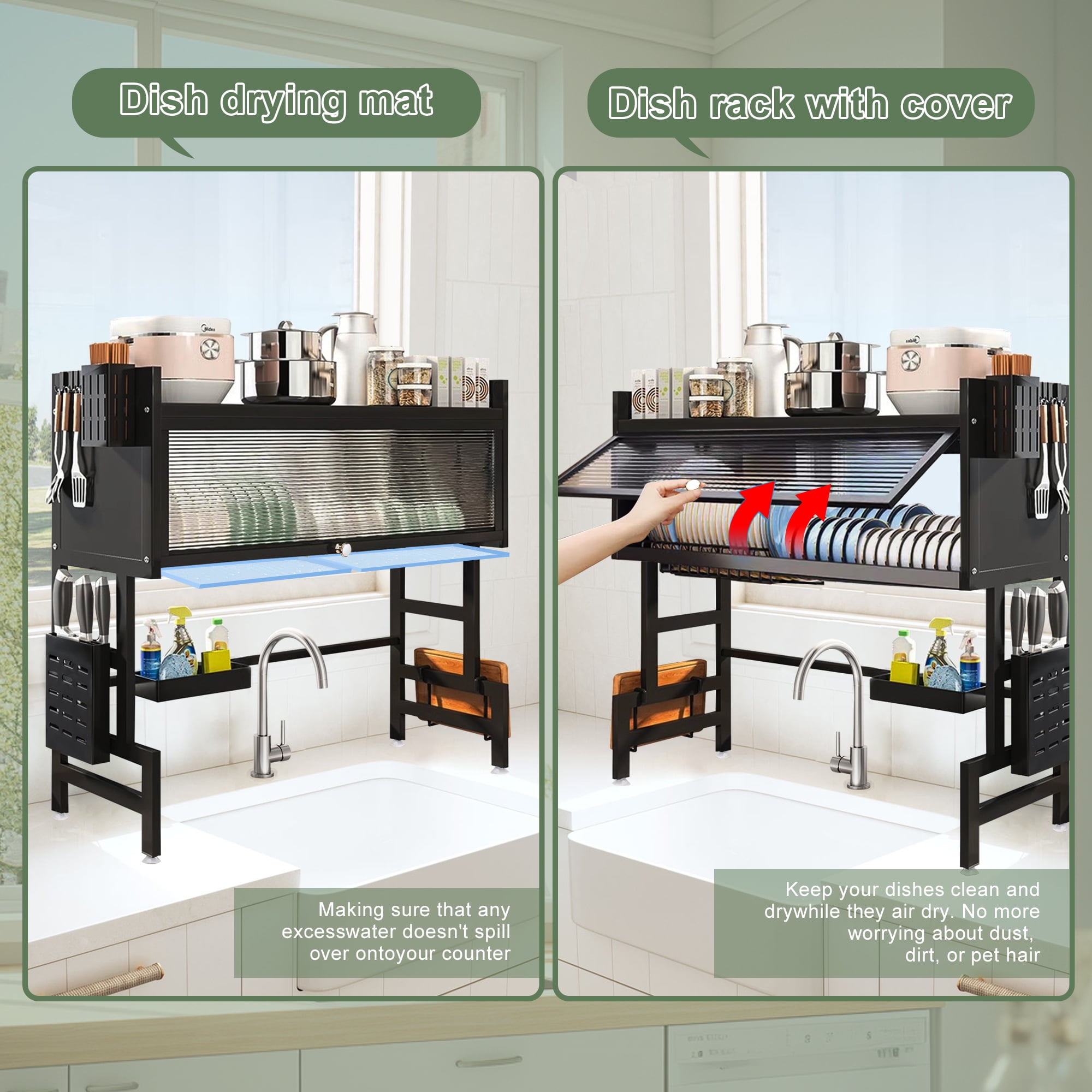 3 Tier Over The Sink Dish Drying Rack, Large Capacity Dish Rack With Cover, Expandable Length & Height, Adjustable Metal Dish Drainer For Kitchen Counter, Space Saving