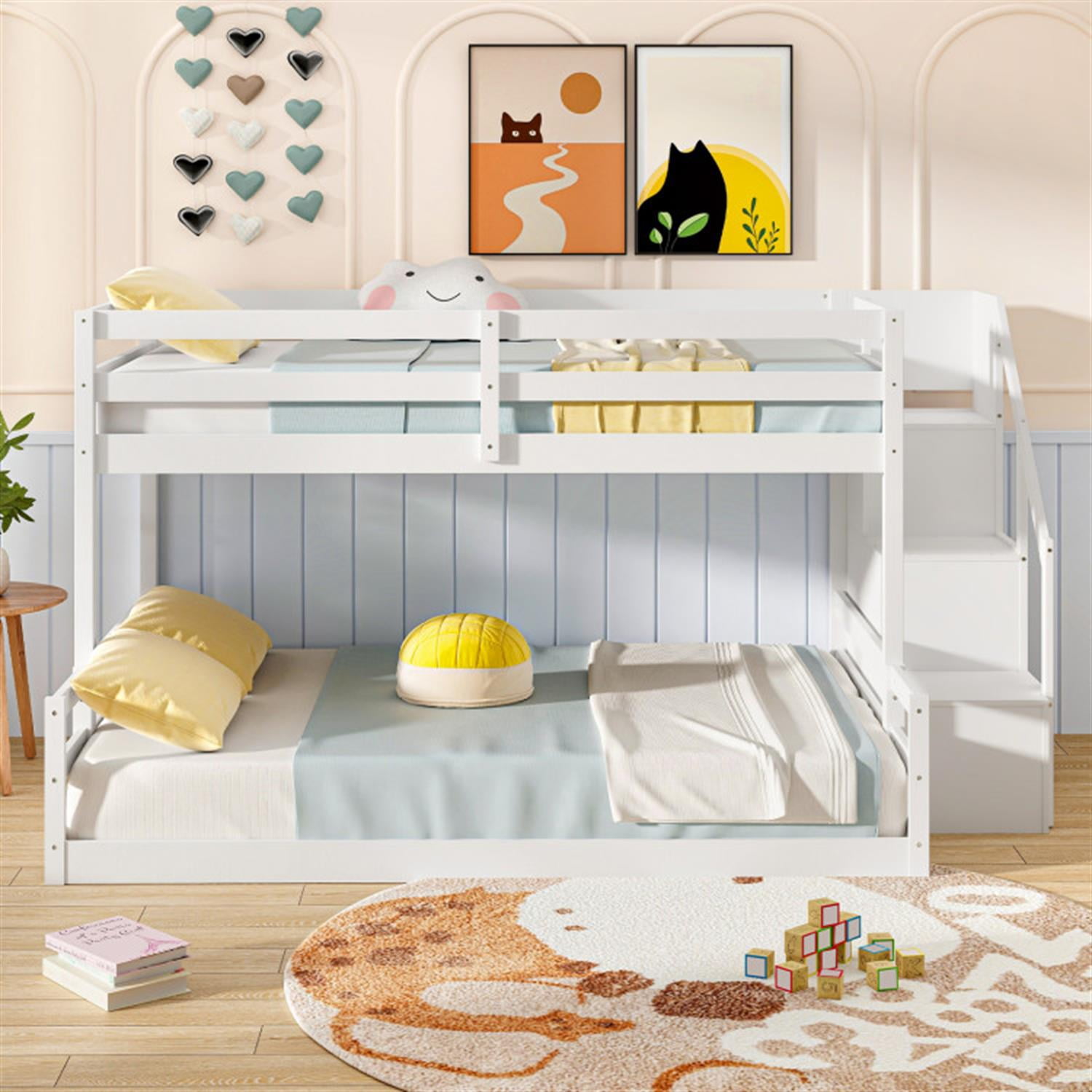 Demi Bonn Twin Over Full Bunk Bed with Safety Rail and Storage Stairs, Twin Bunk Beds, Space-saving Solid Wood Bed Frame, White