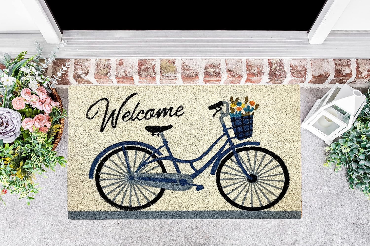Kashi Home Printed Coir Fiber 18x28 Non-Slip Doormat, Durable Outdoor / Indoor Rug, Entryway, Front Door, Porch, Patio, Welcome Mat, Hello Spring Theme, Floral Americana Design Decor (Welcome Bicycle)