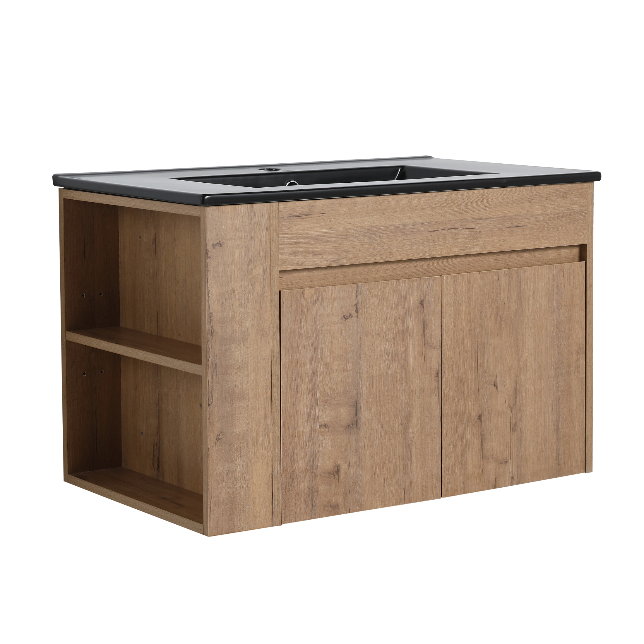 Noble House 30" Floating Bathroom Vanity with Black Ceramic Basin, Soft-Close, Adjustable Open Shelf, Imitative Oak