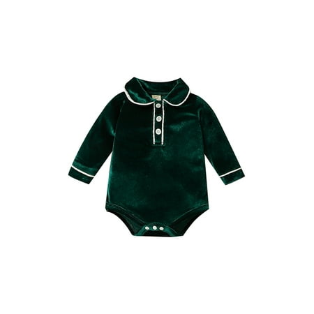 

Xingqing Baby Velvet Romper Long Sleeve Lapel Button Up Contrast Color Romper