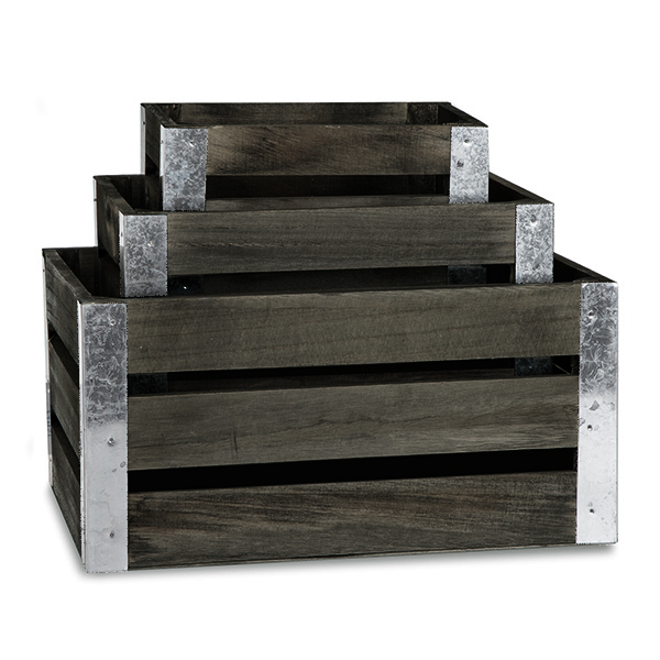 Rect Wooden Crate with Metal Corner Set of Three Antique Grey