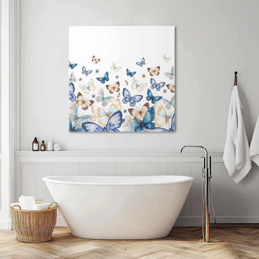 Blue Butterfly Canvas Wall Art, Farmhouse Floral Framed Wall Decor Modern Artwork Prints Painting for Living Room, Bedroom, Kitchen & Cafe Decor 28x28 Inch