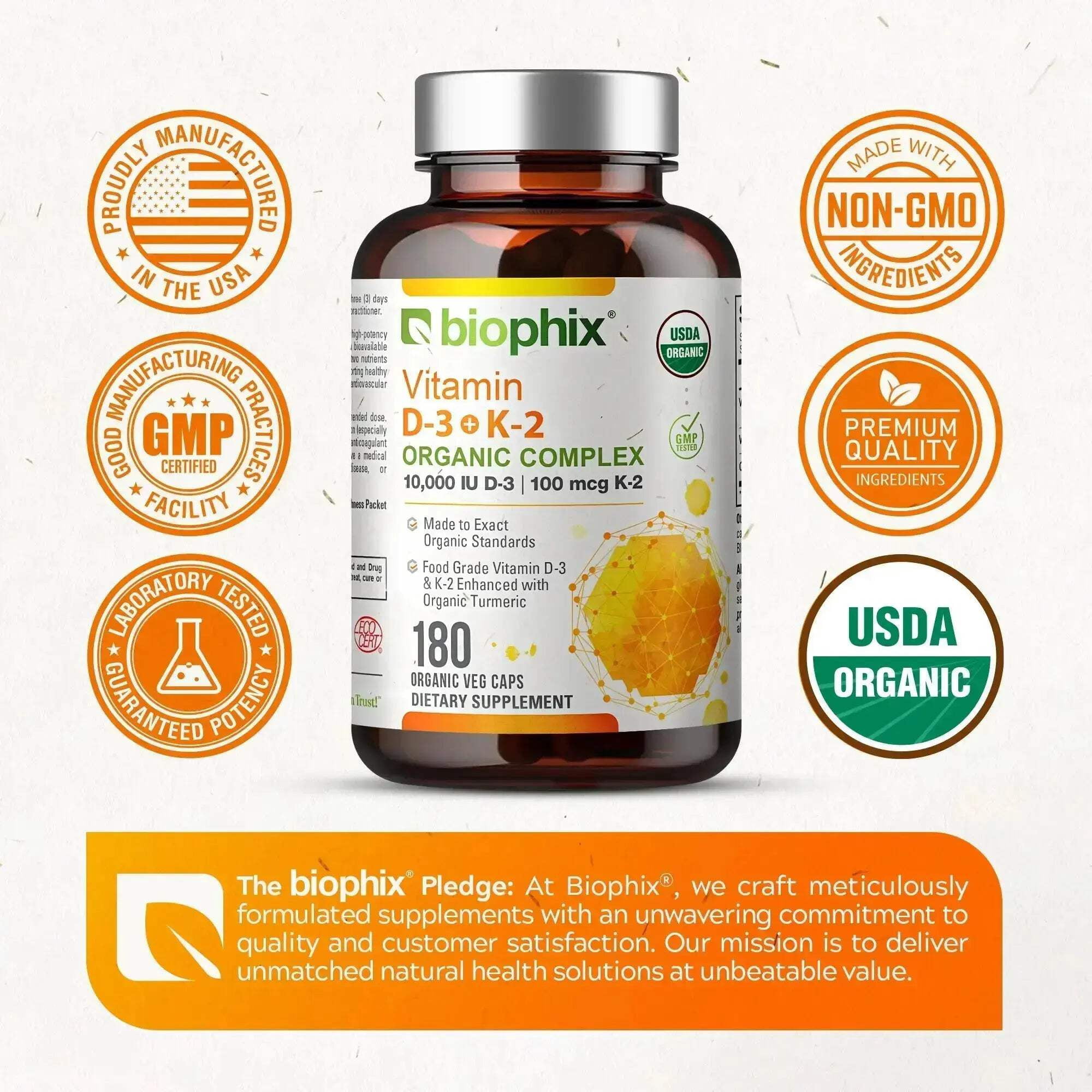 biophix Organic Vitamin D-3 K2 Turmeric 180 Vcaps - High-Potency Supports Strong Bones Immune Health
