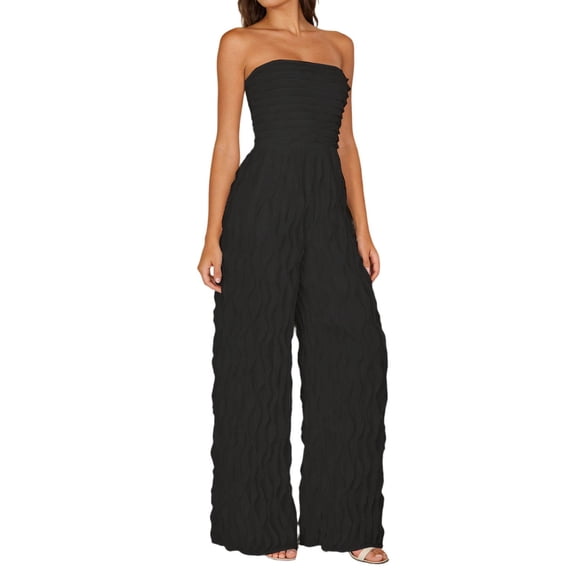 Womens Jumpsuits Solid Color Strapless Sleeveless High Waist Wide Leg Off Shoulder Romper Casual Party Wear Black L
