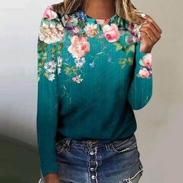 AOOCHASLIY Ladies Tops Clearance Women’s Fashion Summer Long Sleeves Round Neck Blouse Button Fold Printed Regular Top