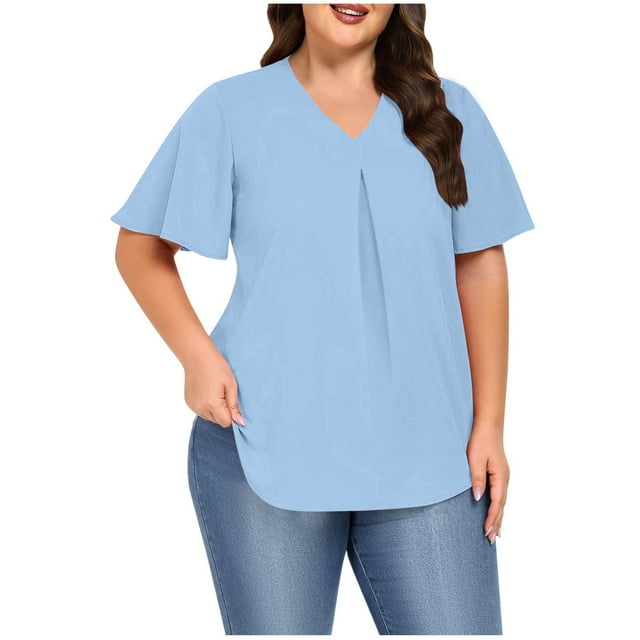 Timegard Womens Top Plus Size Ruched V Neck Ruffle Short Sleeve Lightweight Loose Casual Tee Shirts