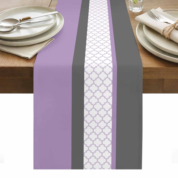 Purple Morocco Table Runner - 90 Inch Long, Kitchen Dining Table Runner Dresser Scarves, Boho Stitching Pattern Stripes Grey Farmhouse Decor for Coffee Tables Wedding Party Banquet