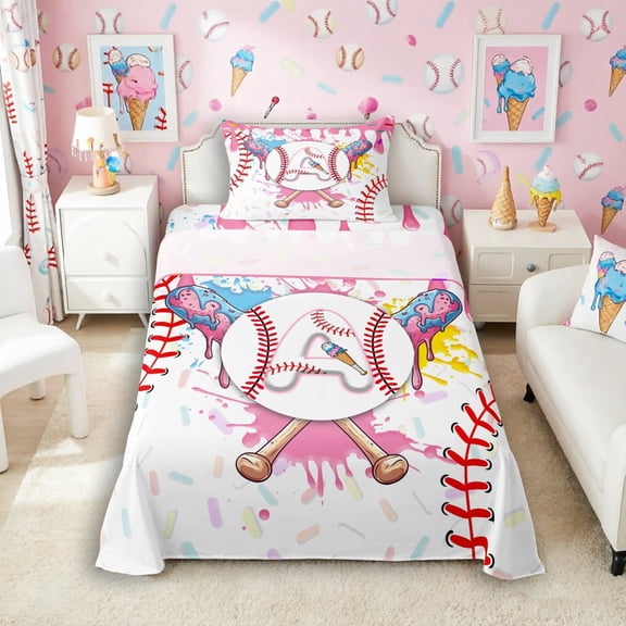 Meiyoeat Ice Cream Baseball Letter A Twin Sheet Sets 3pcs for Girls Kids, Sweet Dripping Bedding, Pink White Red