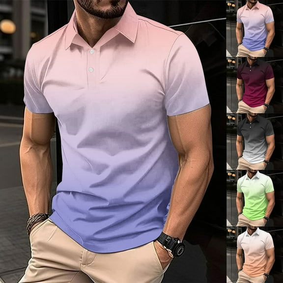 Yeaiivve Golf Polos Shirts for Men Dressy Casual Button Collar Tshirts Short Sleeve Gradient Blouse Business Work Fashion Tees Tops