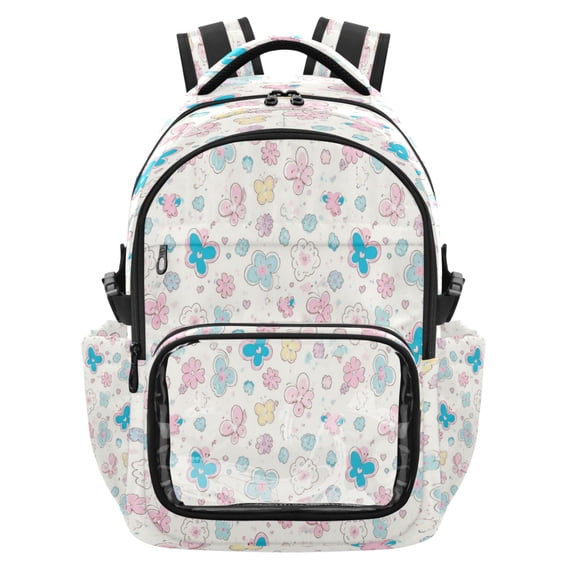 Qxltty Pastel Cute Floral Backpack School Bookbag with Clear PVC Front Pocket, Laptop Compartment, Water Resistant Travel Daypack for Students