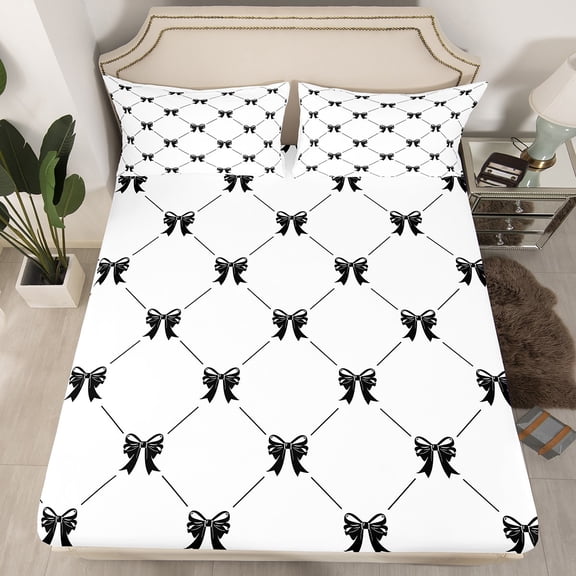 Erosebridal Cartoon Bow Tie Fitted Sheet Set Twin,Black White Bedding Twin Size,Microfiber Fitted Sheet Twin,Geometric Plaid Decor,2pcs(Fitted Sheet,Pillowcase)