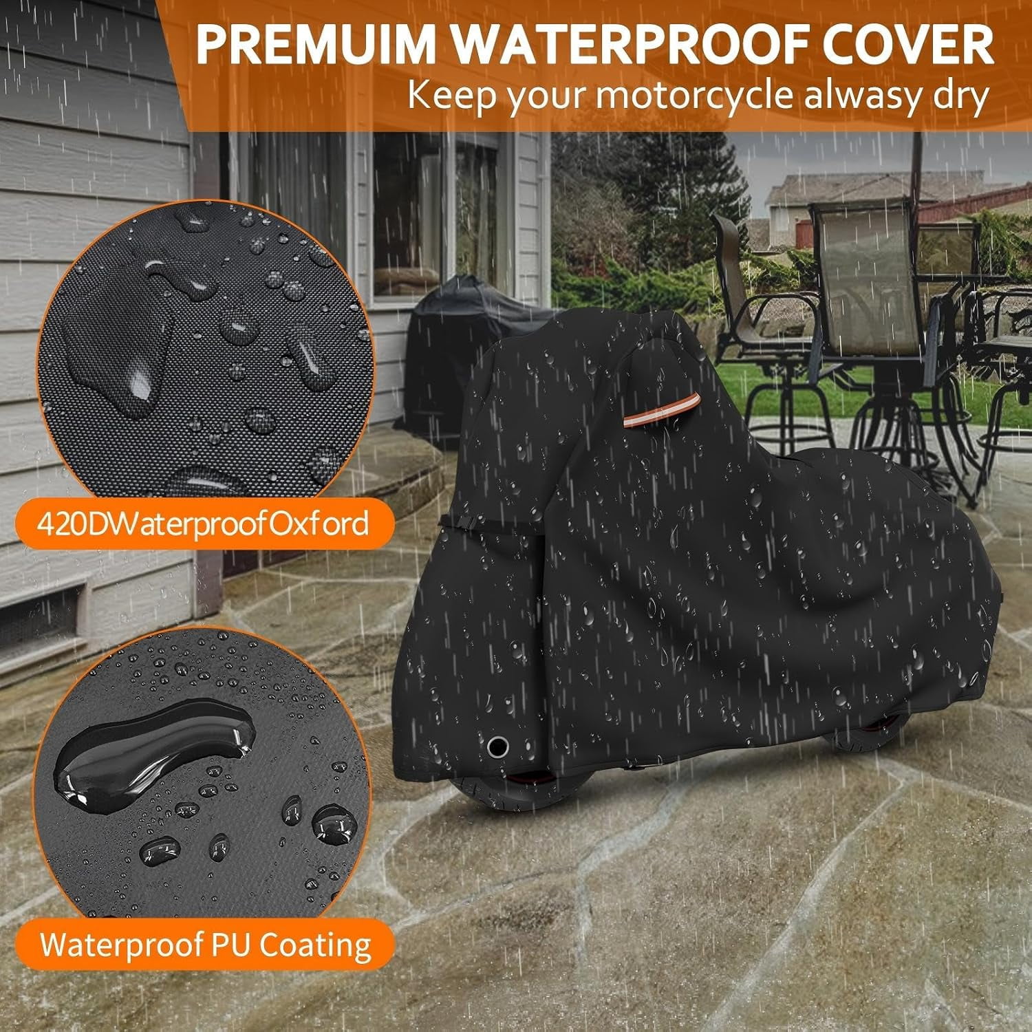 Motorcycle Cover Lock-Holes and Storage Bag All Season Universal Night Reflective Universal Heavy Duty Motorcycle Vehicle Cover-86 L x 41" W x 50" H Black