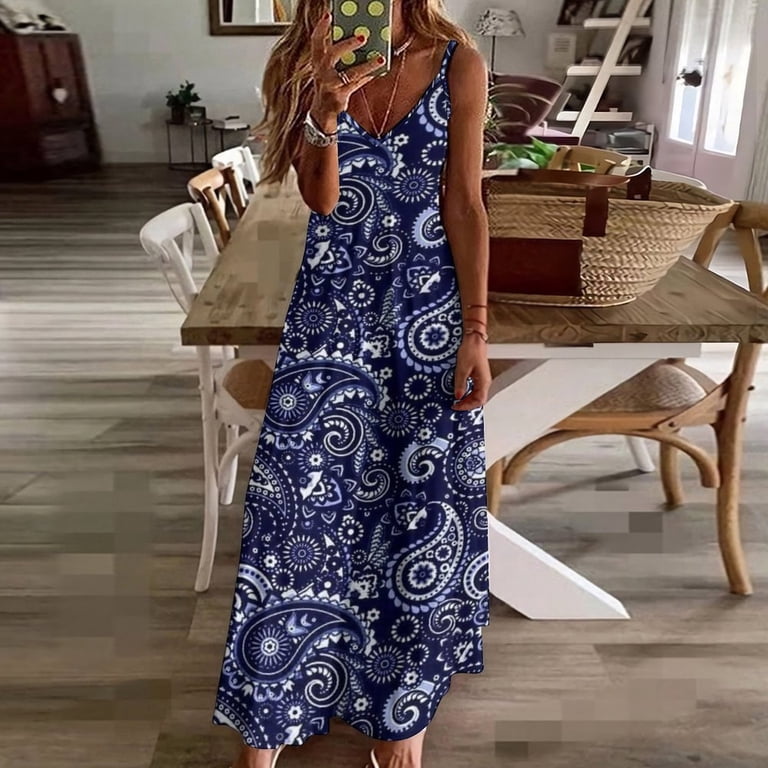JHWJH25 Paisley Pattern Blue Sleeveless Dress Dresses Women Summer Women's Summer Clothing, Size: 4XL