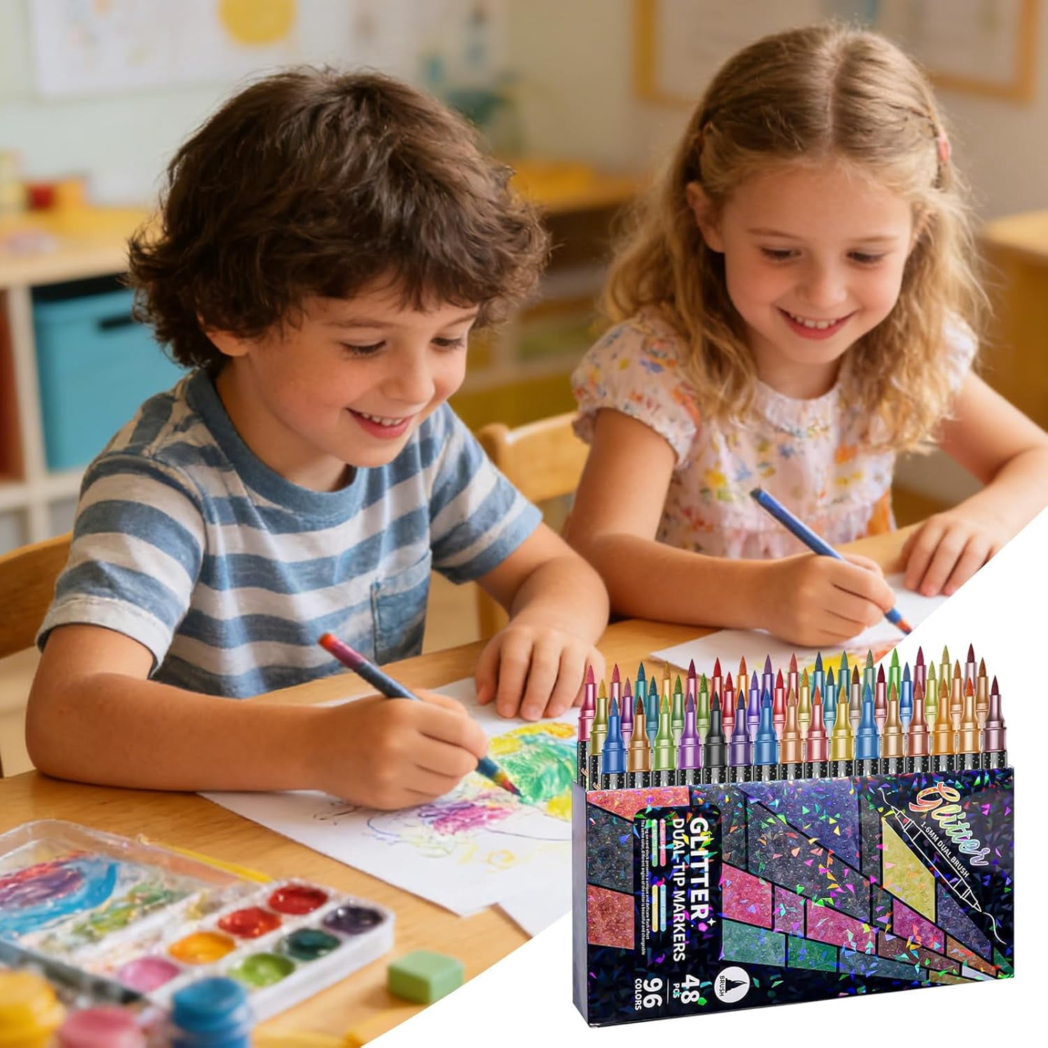 Glitter Paint Markers, Double-End Water-Based Ink Set for Coloring Painting, Multi-purpose Drawing Markers for Crafts Making, Scrapbooking, Writing, Art Supplies