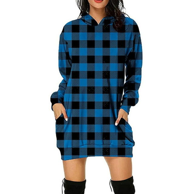MAWCLOS Robes à Capuche pour Femmes Midi Longues Chandail à Capuche à Enfiler Manche Chandail Robe Décontractée Automne Carreaux Bleu m