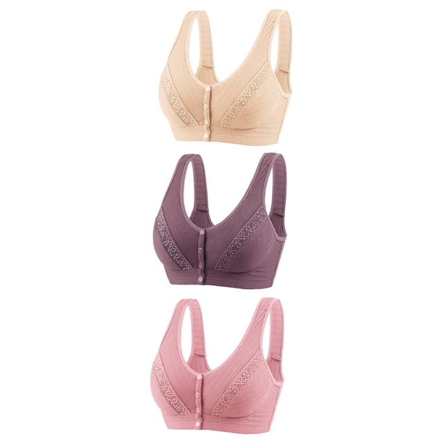 Timegard 3pc Bras for Women No Underwire High Support Front Closure Button Comfort Breathable Daily Bras