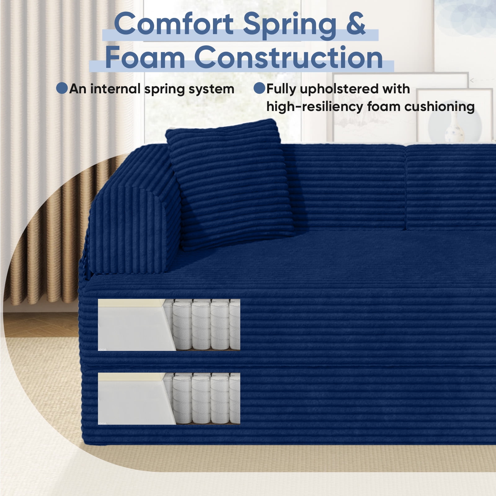 Daluvenix 4-in-1 Folding Convertible Sofa Bed 81 Inch Oversized Corduroy Upholstered Boneless Couch Loveseat Sleeper with Pull Out Bed Blue