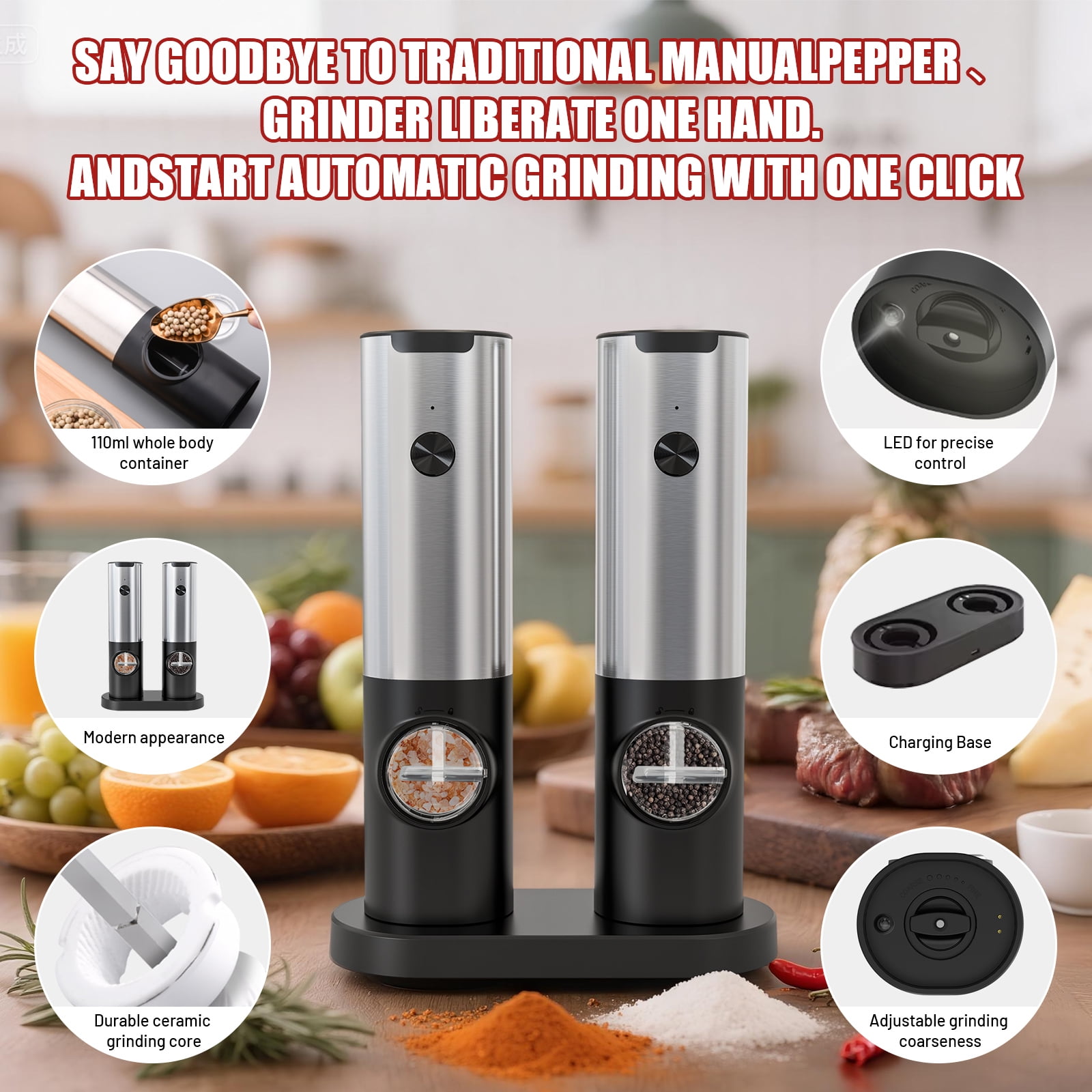 Electric Salt and Pepper Grinder Set, Sgokeen Automatic Electronic Spice Mill Shakers with USB Rechargeable, LED Light, Adjustable Coarseness, One Hand Operated, Stainless Steel